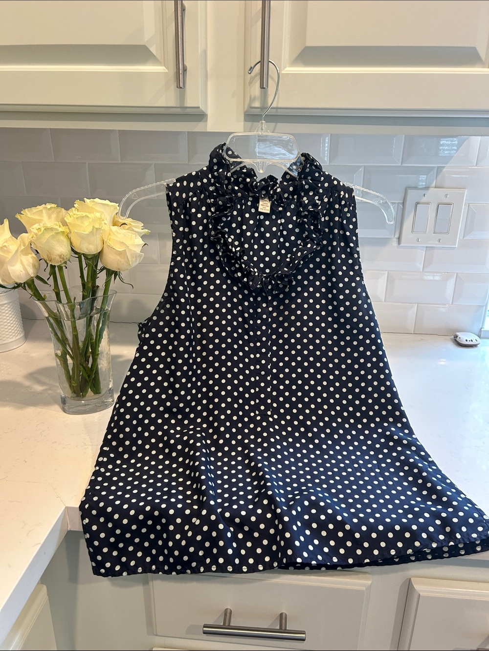 J. Crew Navy Polka Dot Sleeveless Ruffle Collar Top
